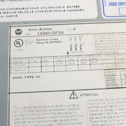 Allen Bradley 1494H-DF3N 100A 600V 3 Pole Non Fusible Safety Disconnect