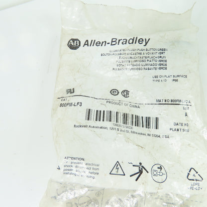 Allen-Bradley 800FM-LF3 Green Illuminated Flush Push Button Operator Ser A NEW