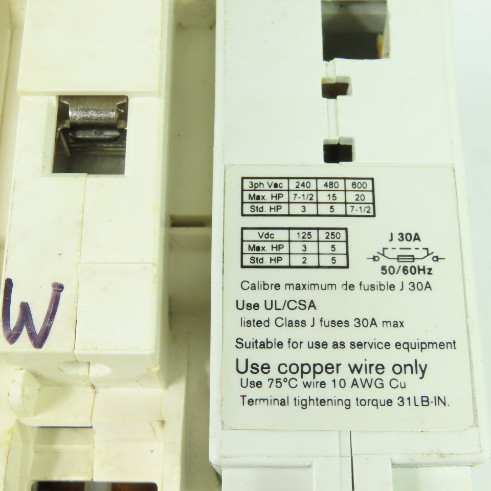 Bussmann RDF30J-3 30A 3-Pole Fusible Safety Disconnect Switch 600VAC 250VDC