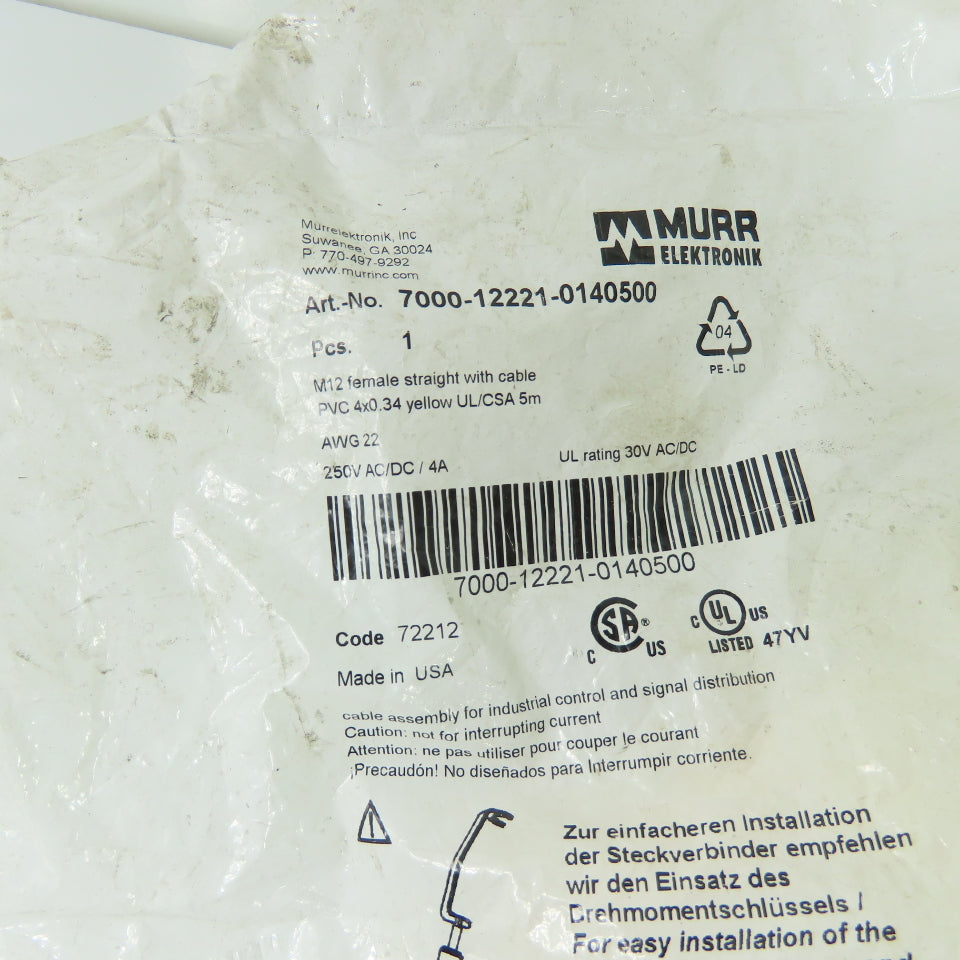 Murr Elektronik 7000-12221-0140500 M12 Female Straight PVC 4x0.34mm2 Sensor Cable