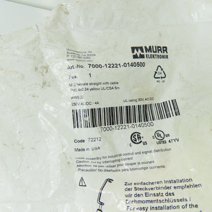Murr Elektronik 7000-12221-0140500 M12 Female Straight PVC 4x0.34mm2 Sensor Cable