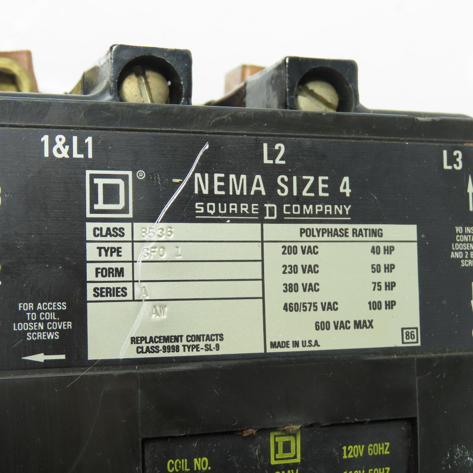 Square D 8536 SFO 1 NEMA Size 4 Magnetic Motor Starter 100HP 600V Max 120V Coil