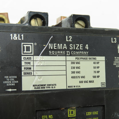 Square D 8536 SFO 1 NEMA Size 4 Magnetic Motor Starter 100HP 600V Max 120V Coil