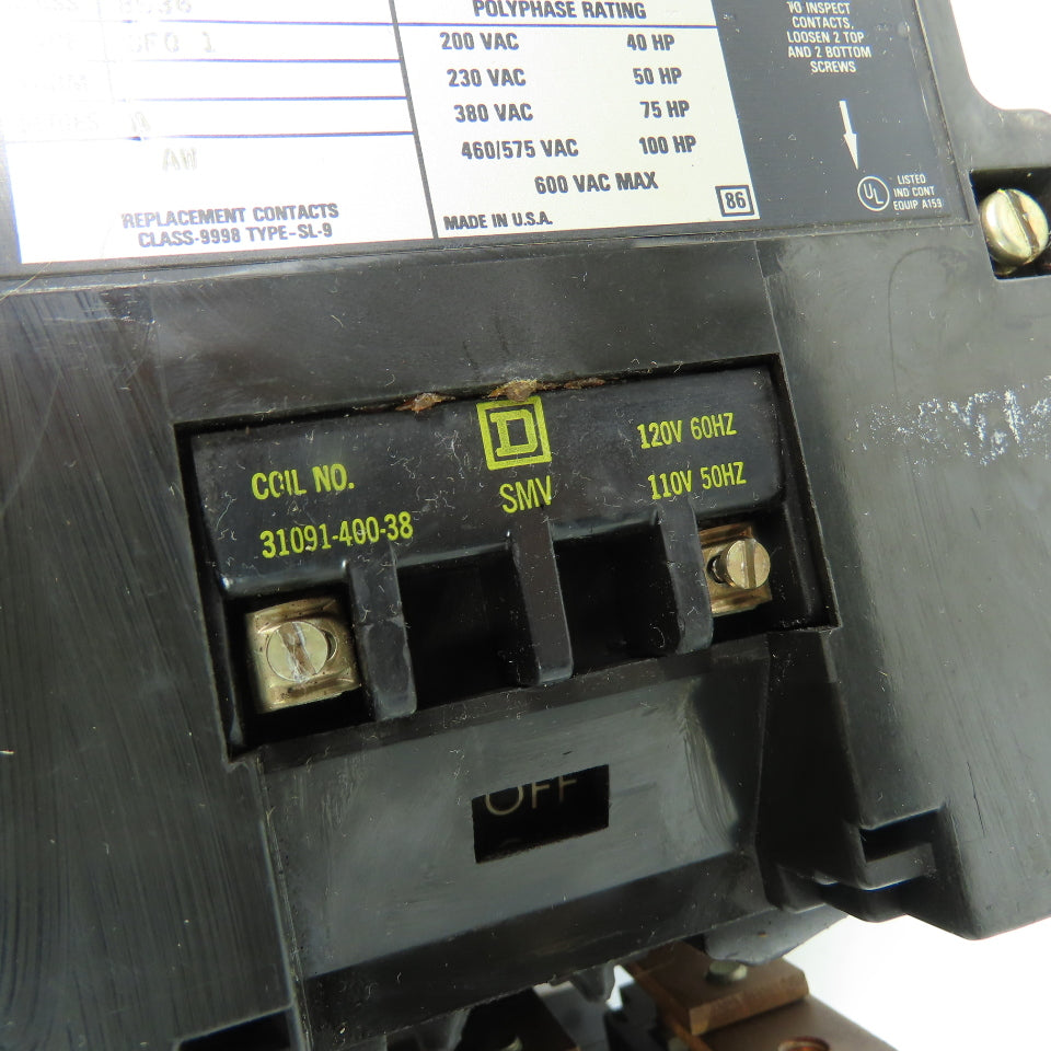 Square D 8536 SFO 1 NEMA Size 4 Magnetic Motor Starter 100HP 600V Max 120V Coil