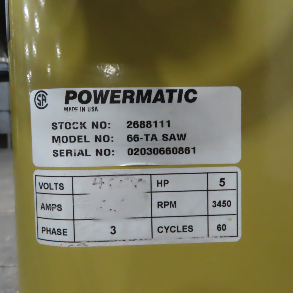 Powermatic 66-TA 10" Tilting Arbor Table Saw 45° Bevel 208-230/480V 3Ph 5Hp