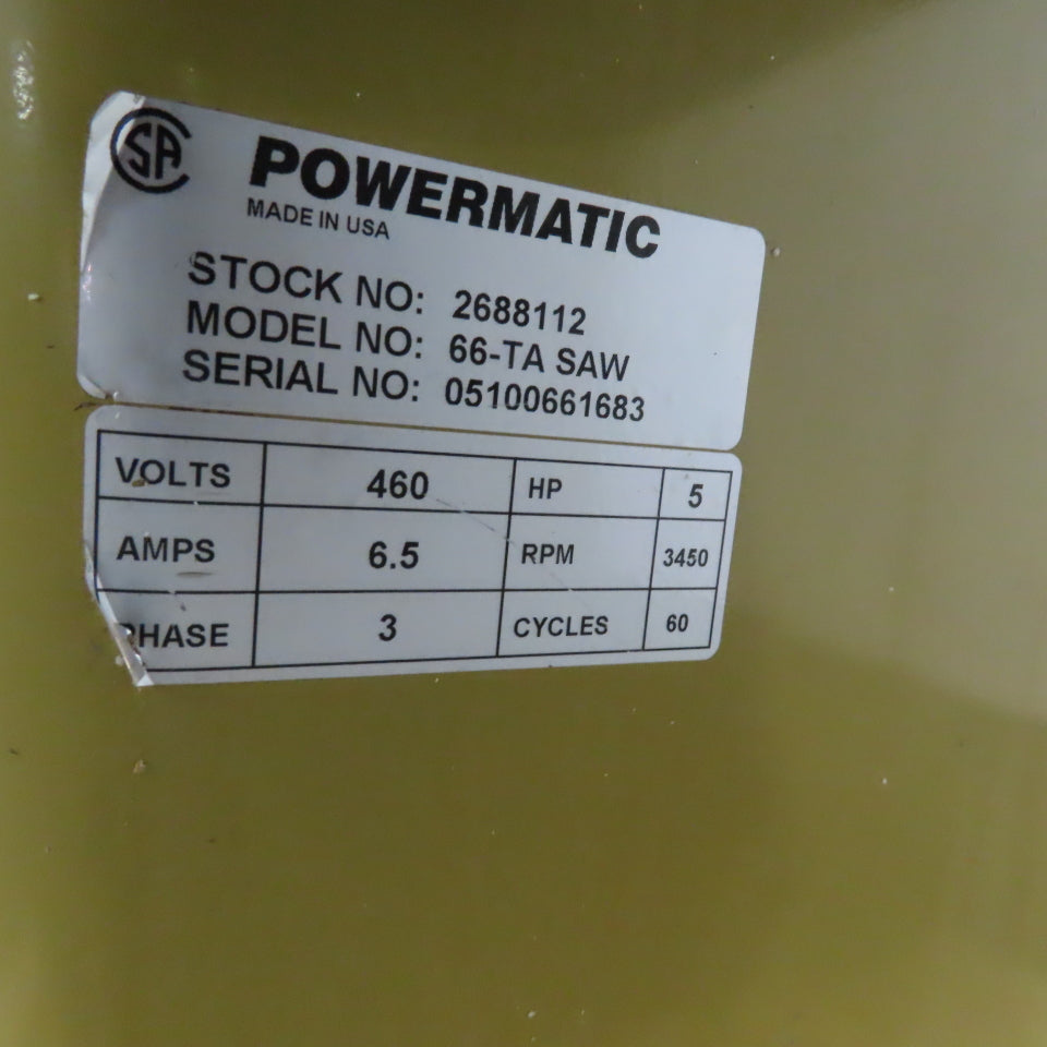 Powermatic 66-TA 10" Tilting Arbor Table Saw 45° Bevel 208-230/480V 3Ph 5Hp