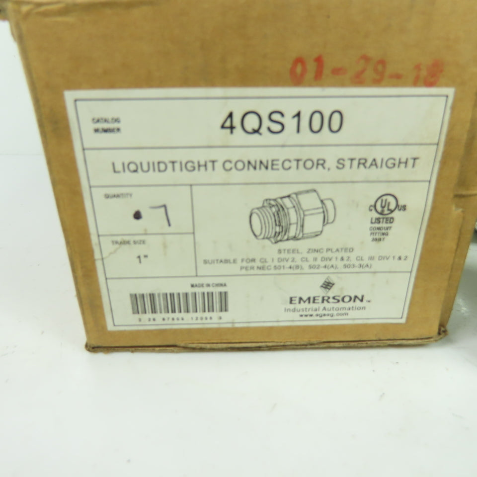 Emerson 4QS100 Liquidtight Straight Connector 1" Zinc Plated Steel Lot Of 7