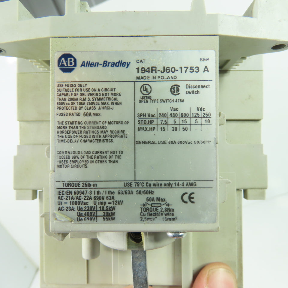Allen-Bradley 194R-J60-1753 60A 3-Pole Fusible Safety Disconnect Switch 600VAC