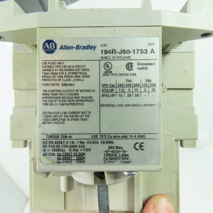 Allen-Bradley 194R-J60-1753 60A 3-Pole Fusible Safety Disconnect Switch 600VAC