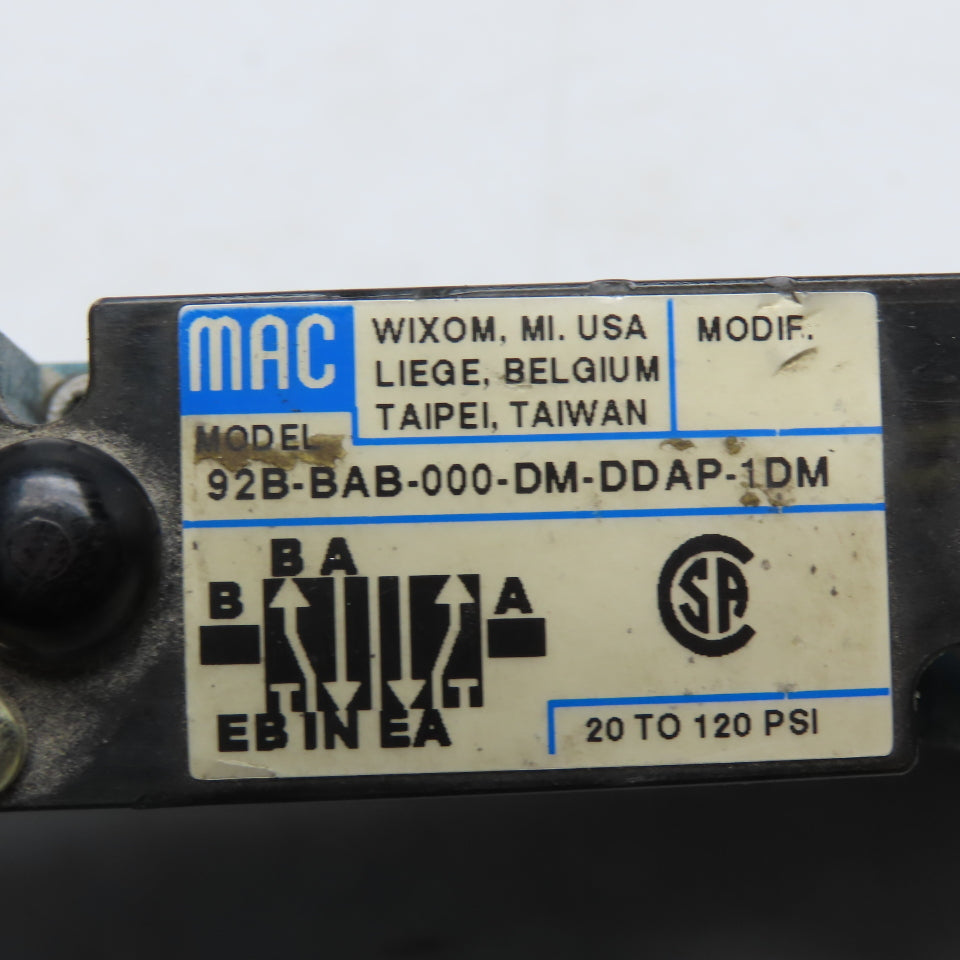 MAC 92B-BAB-000-DM-DDAP-1DM Solenoid Valve 24VDC 20 to 120 PSI