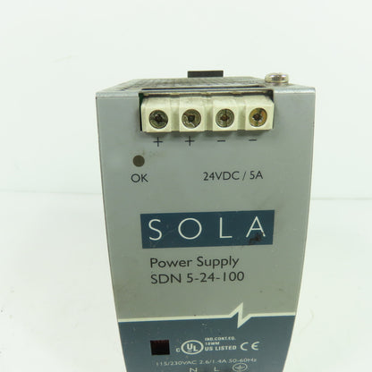 SOLA SDN 5-24-100 Power Supply 24VDC 5A Output 115/230VAC Input
