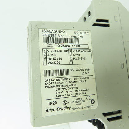 Allen-Bradley 160-BA03NPS1 0.75kW 1HP Variable Frequency Drive 380-460V 3Ph