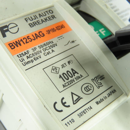 Fuji BW125JAG-3P100-02345 100A 3Ph Molded Case Circuit Breaker 220VAC 125AF