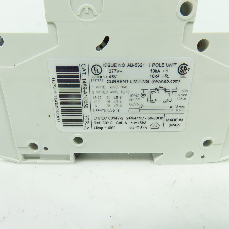 Allen-Bradley 1489-A1D050 5A 277VAC 48VDC 1-Pole Circuit Breaker