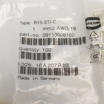 Harting R15-STI-C 09150006102 Male Crimp Contacts 18 AWG Lot Of 63