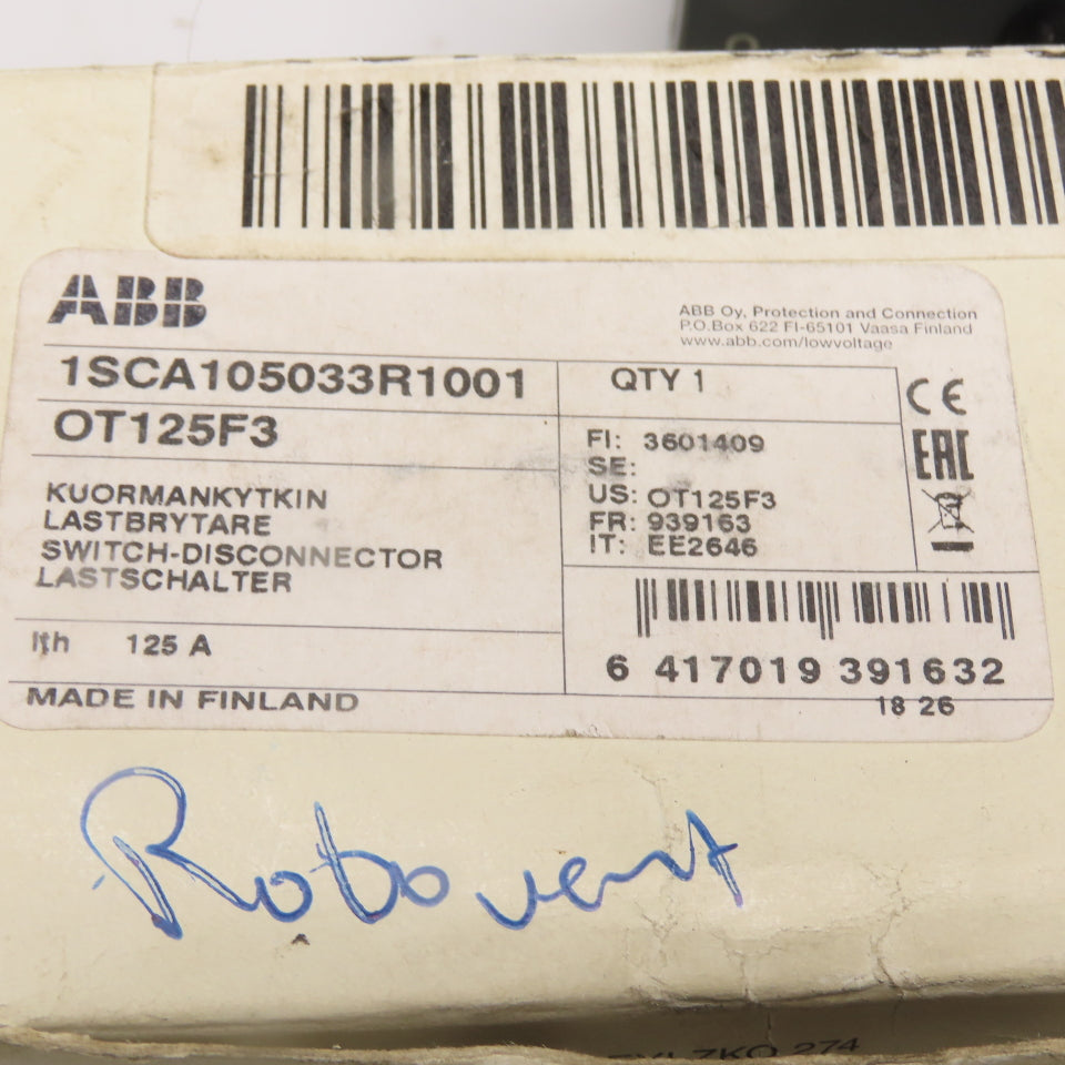 ABB 1SCA105033R1001 OT125F3 125A 3-Pole Non Fusible Safety Disconnect Switch