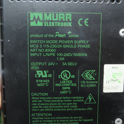 Murr Elektronik 85060 MCS 3 MCS 3 Switch Mode Power Supply 100-240VAC 24VDC 3A