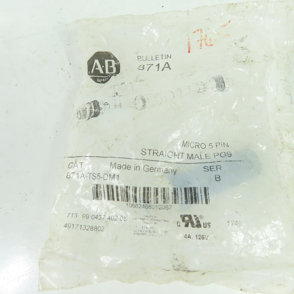 Allen-Bradley 871A-TS5-DM1 Ser B Micro 5-Pin Straight Male PG9 Connector 4A 125V