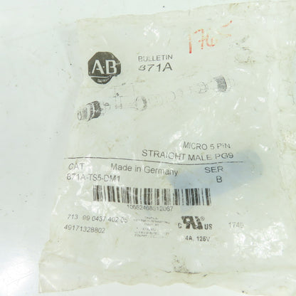 Allen-Bradley 871A-TS5-DM1 Ser B Micro 5-Pin Straight Male PG9 Connector 4A 125V