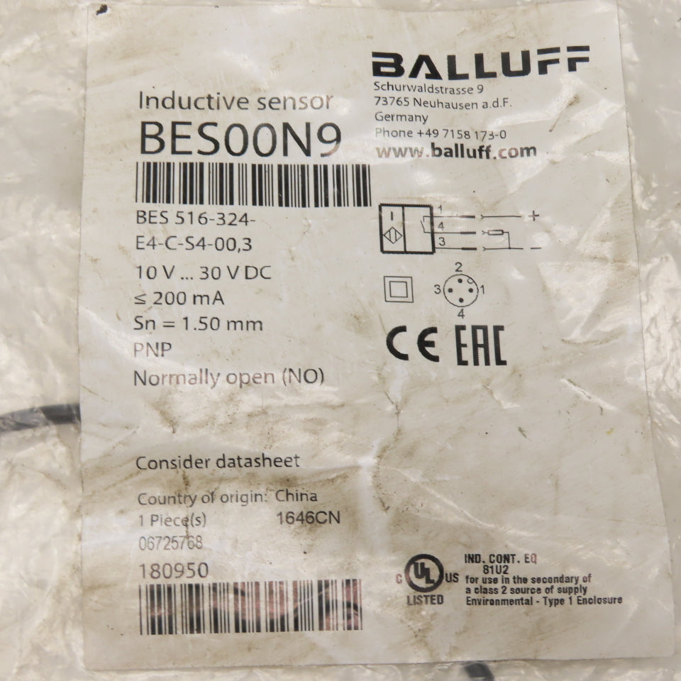 Balluff BES 516-324-E4-C-S4-00,3 Inductive Sensor PNP NO 10-30VDC 1.5mm Range