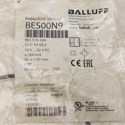 Balluff BES 516-324-E4-C-S4-00,3 Inductive Sensor PNP NO 10-30VDC 1.5mm Range