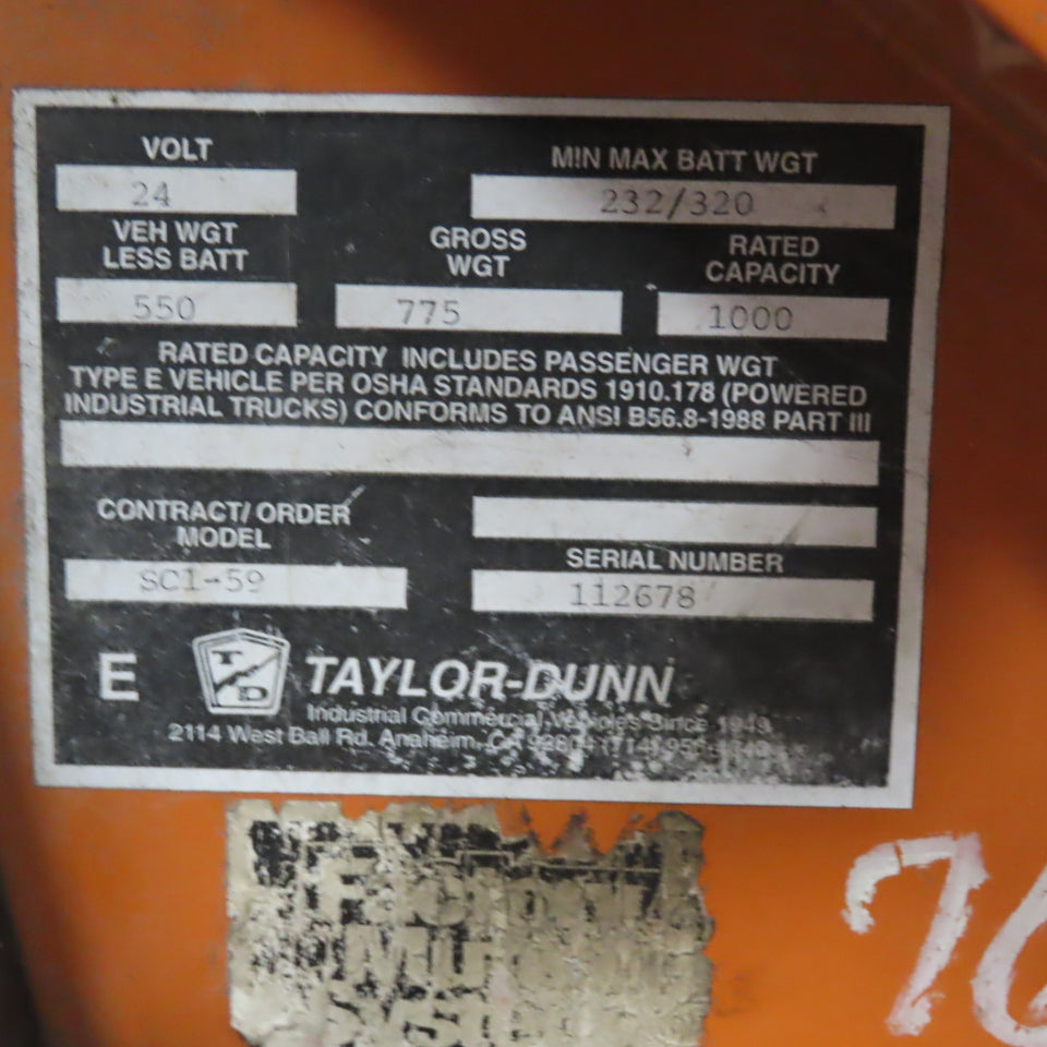 Taylor-Dunn SC1-59 24V Electric Industrial Stock Chaser Parts Cart 1000LB Cap