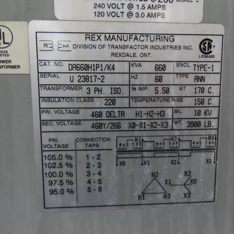 Rex DA660H1P1/K4 660 KVA 3Ph Isolation Transformer 460V Delta Pri 460Y/266 Sec