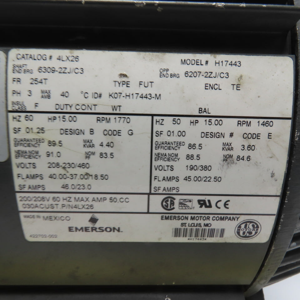 Emerson 4LX26 H17443 15HP Electric Motor 230/460V 1770RPM 254T Frame Tested
