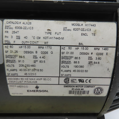 Emerson 4LX26 H17443 15HP Electric Motor 230/460V 1770RPM 254T Frame Tested
