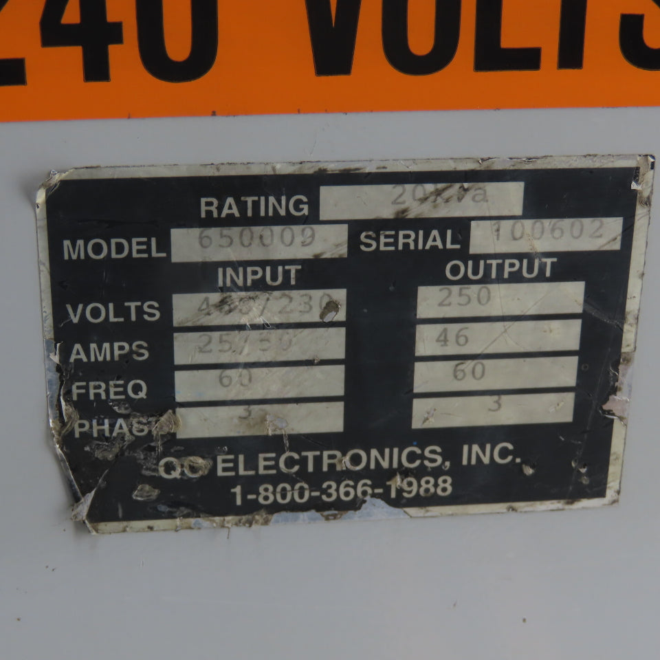 QC Electronics 650009 20kVA 3Ph Isolation Transformer 480/230V Pri 250V Sec