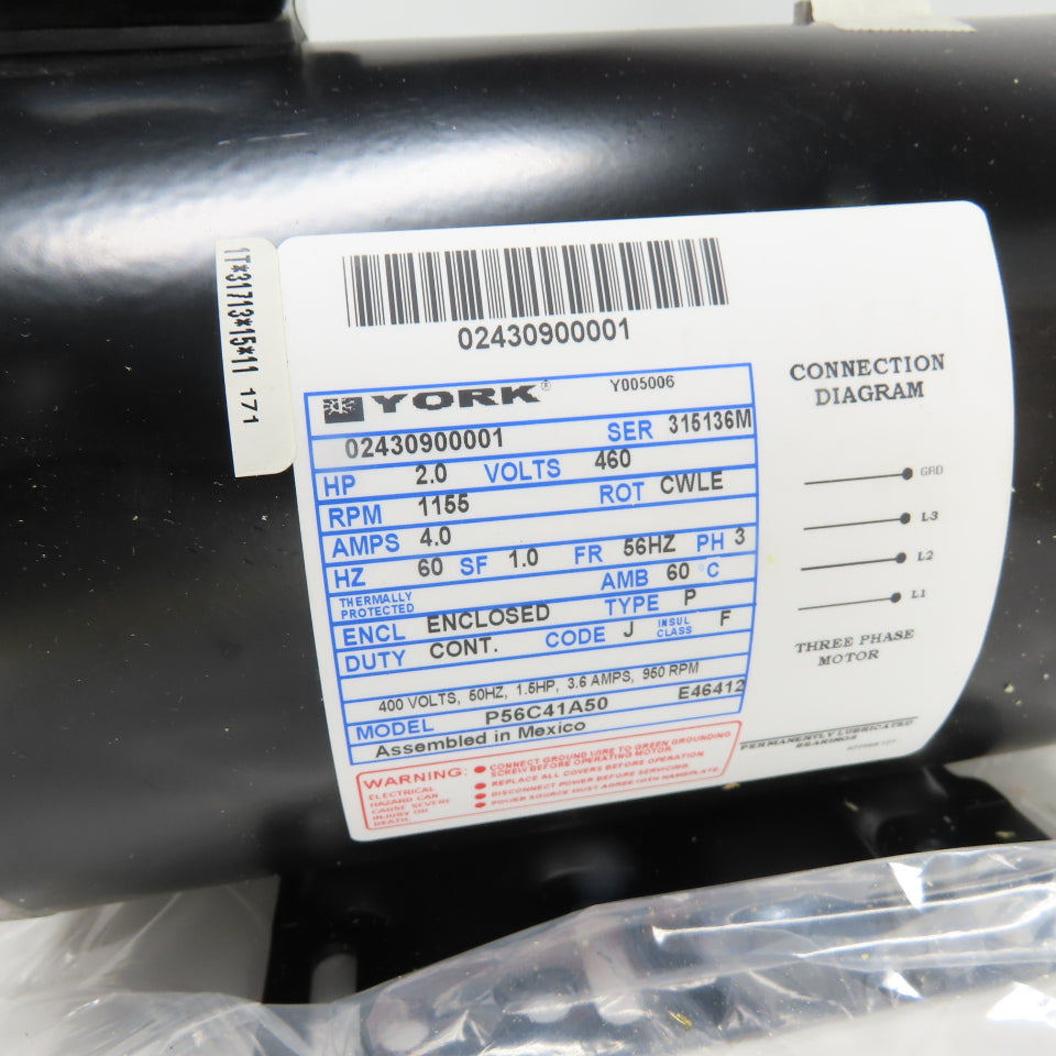 York 024-30900-001 2HP Fan Motor 460V 3Ph 1155RPM 56HZ Frame NEW