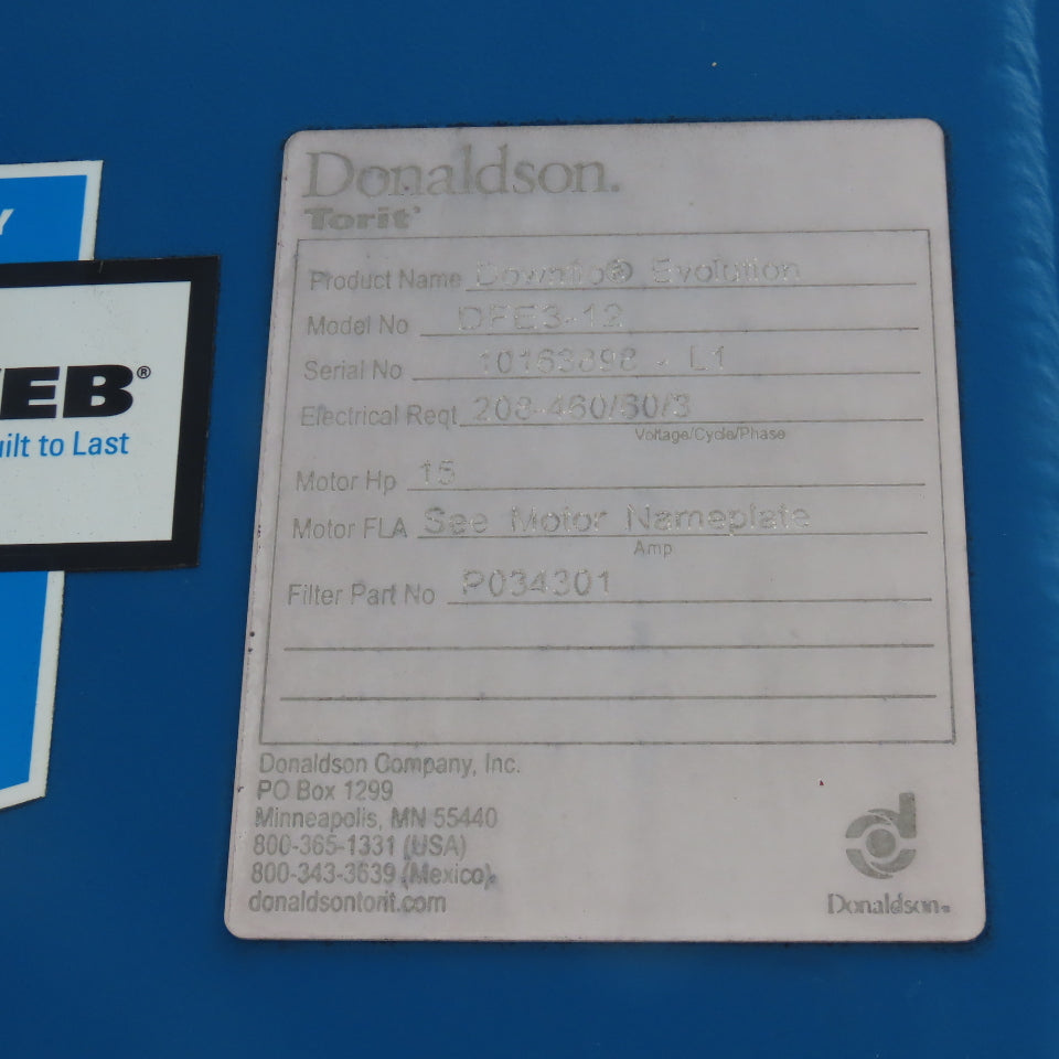 Donaldson Torit DFE3-12 15HP 3Ph 230/460V Downflo Cartridge Dust Collector