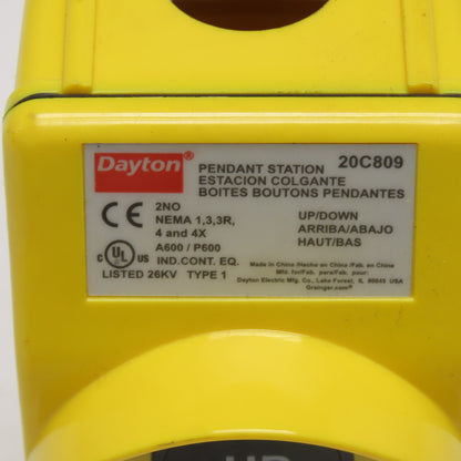 Dayton 20C809 2-Button Up/Down Pendant Control Station 600V