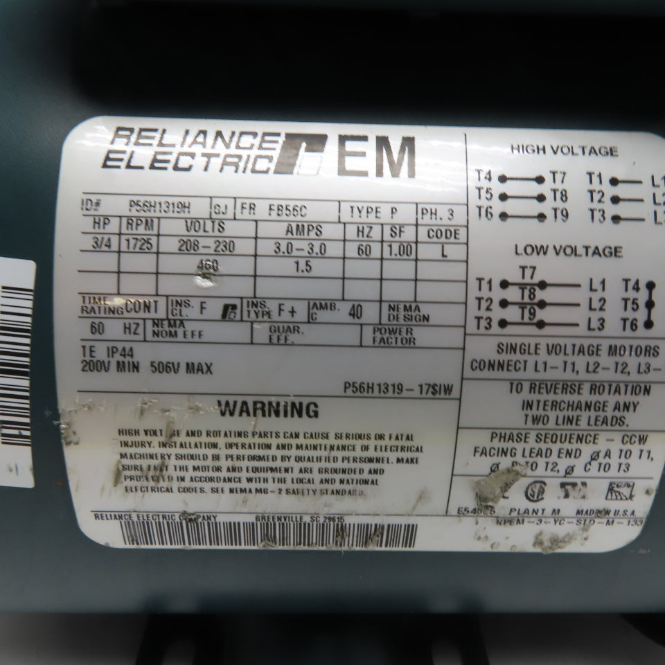 Reliance Electric P56H1319H 3/4HP Motor 208-230/460V 3Ph 1725RPM 56C Frame