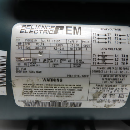 Reliance Electric P56H1319H 3/4HP Motor 208-230/460V 3Ph 1725RPM 56C Frame