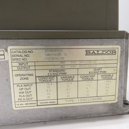 Baldor ZD18H410-E Vector Drive 7.5/10/15HP 460VAC 3Ph 14.4A