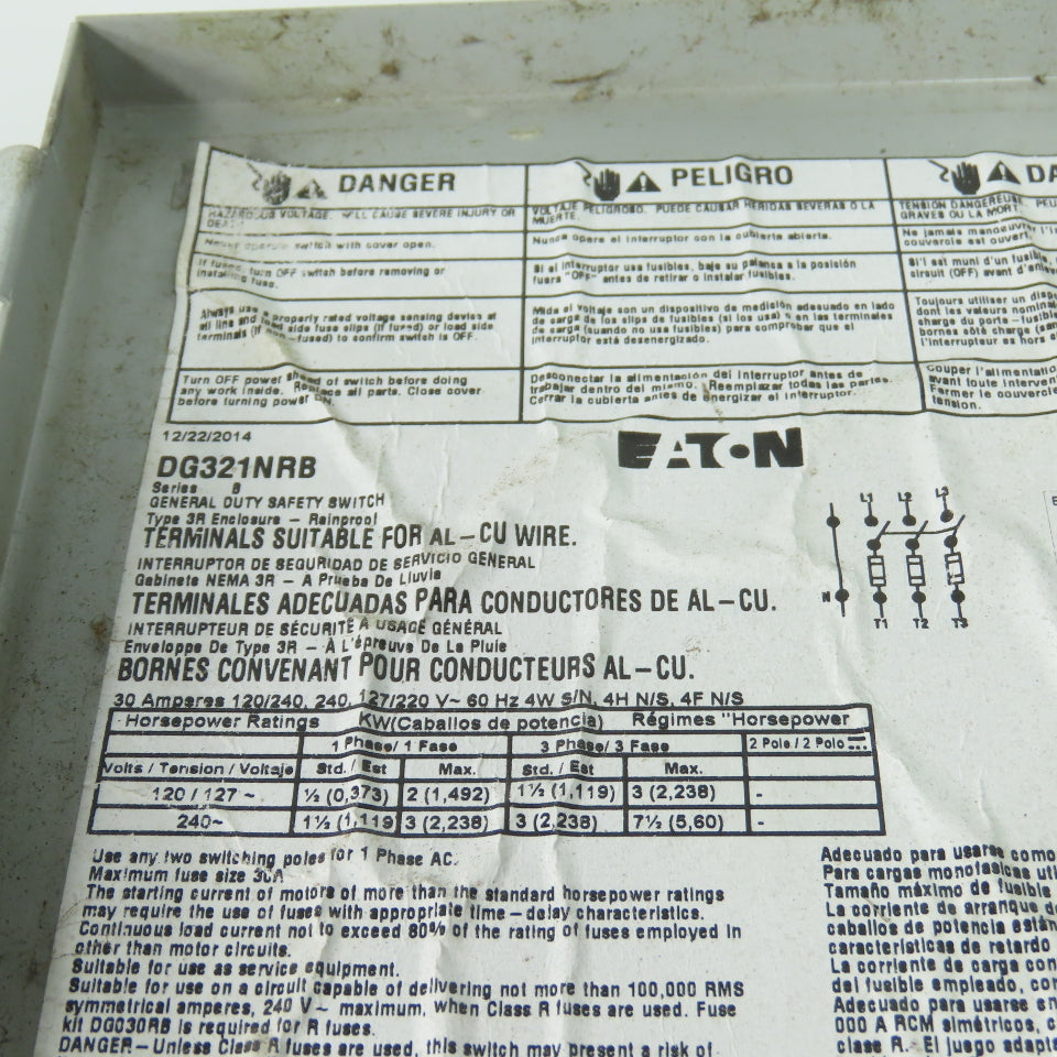 Eaton DG321NRB 30A 3-Pole Fusible Safety Disconnect Switch 240V