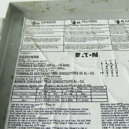 Eaton DG321NRB 30A 3-Pole Fusible Safety Disconnect Switch 240V
