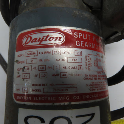 Dayton 2Z818A 1/15HP Split Phase 24:1 Ratio Gearmotor 115V Reamer Spindle