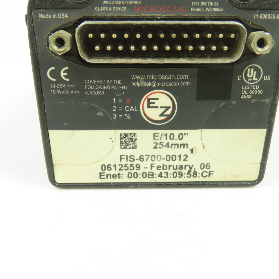 Microscan FIS-6700-0012 Quadrus EZ Fixed Mount Barcode Scanner 10-28VDC 10W