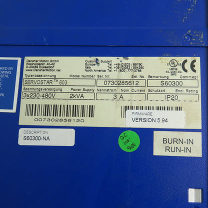 Danaher Motion S60300-NA SERVOSTAR 603 Servo Drive Amplifier 2kVA 3A 230-480V
