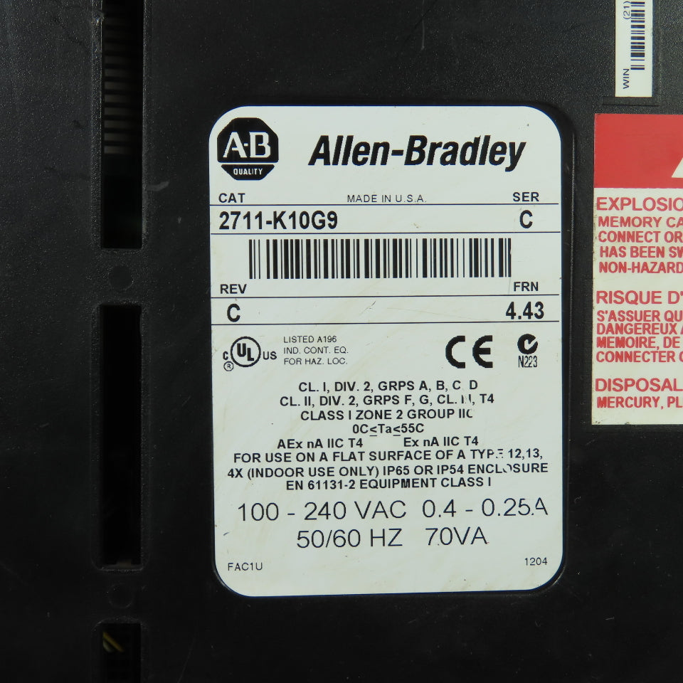 Allen-Bradley 2711-K10G9 PanelView 1000 Operator Interface Ser C Rev C FRN 4.43