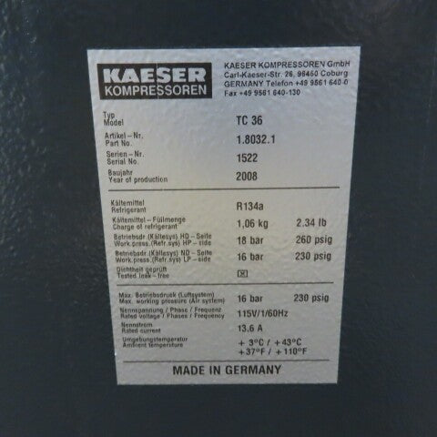 Kaeser TC 36 Refrigerated Compressed Air Dryer 115V 1Ph 230psig Tested