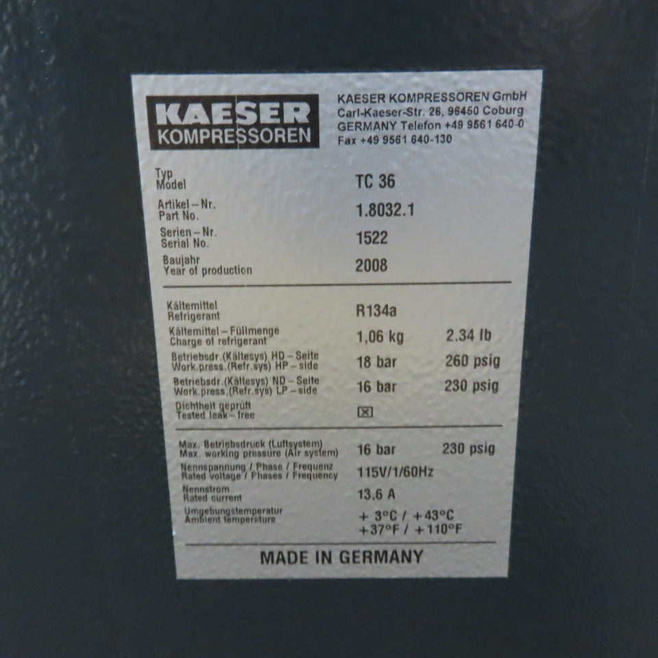 Kaeser TC 36 Refrigerated Compressed Air Dryer 115V 1Ph 230psig Tested