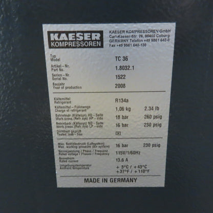 Kaeser TC 36 Refrigerated Compressed Air Dryer 115V 1Ph 230psig Tested