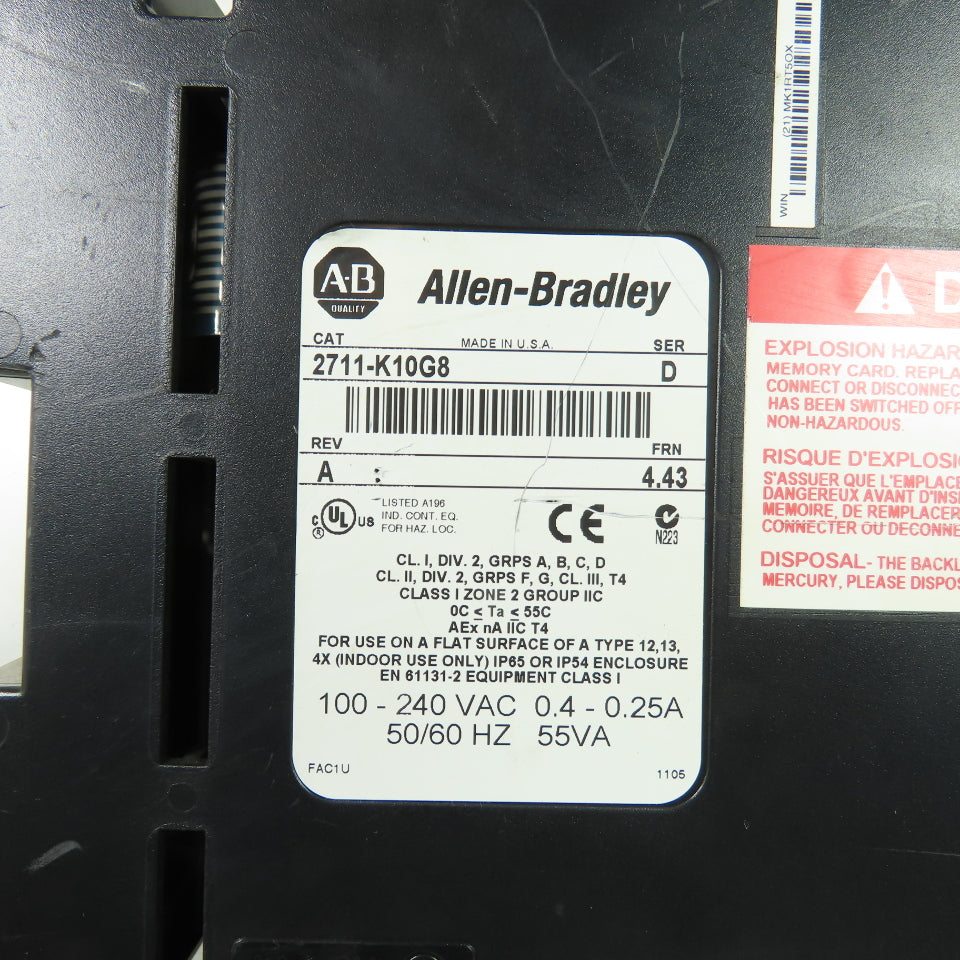 Allen-Bradley 2711-K10G8 PanelView 1000 Operator Interface Ser D Rev A FRN 4.43