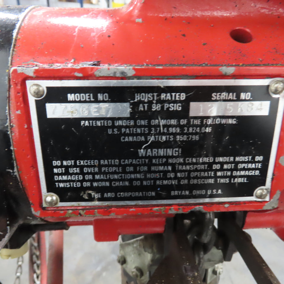 ARO 7756ET 1/2 Ton 1000LB Air Pneumatic Chain Hoist 15' Lift W/ Pendant