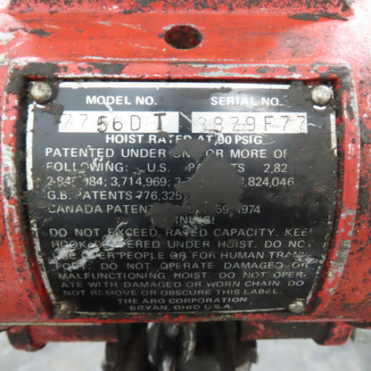 ARO 7756DT 1/2 Ton 1000LB Air Pneumatic Chain Hoist 10' Lift W/ Pendant