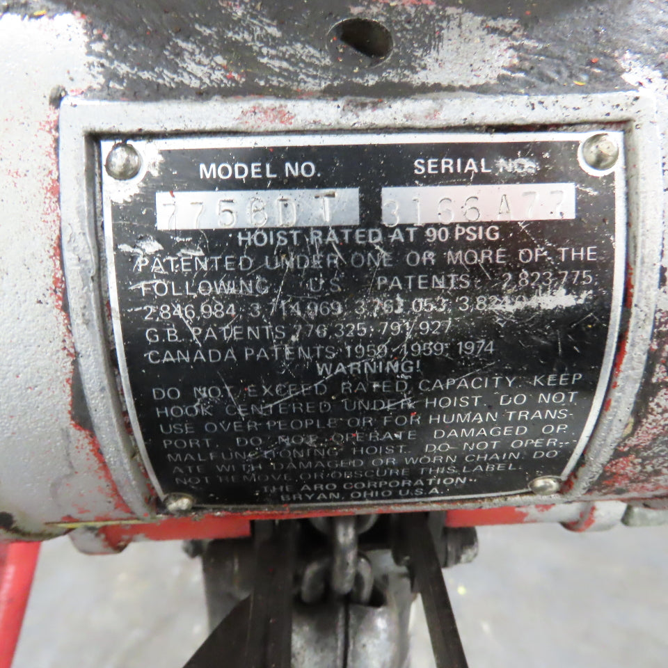 ARO 7756DT 1/2 Ton 1000LB Air Pneumatic Chain Hoist 10' Lift W/ Pendant