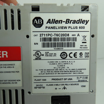 Allen-Bradley 2711PC-T6C20D8 PanelView Plus 600 HMI Terminal 24VDC Ser A